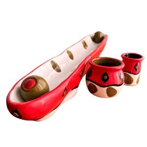 Ceramic Olive Tray Red Green White Toothpick Pit Dishes Italian Artsy Party 3-D